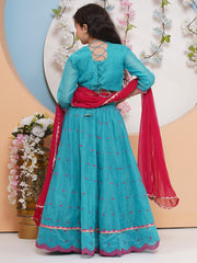 Girls Sea Green & Pink Embroidered Choli, Ready to Wear Lehenga with Dupatta