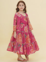 Silk Woven Half Sleeves Floral Print Fit And Flare Ethnic Dress With Jacket - Pink