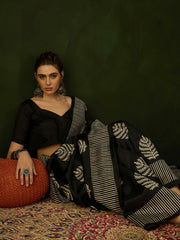 Women's Bhagalpuri Silk Black Printed Designer Saree With Blouse Piece