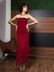 Red Ruffled Strapless Asymmetric Hem Maxi Dress