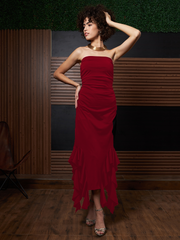 athena red ruffled strapless asymmetric hem maxi dress