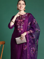 Indo Era - Purple Embroidered Straight Kurta Trousers set