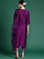 Indo Era - Purple Embroidered Straight Kurta Trousers set