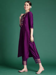 Indo Era - Purple Embroidered Straight Kurta Trousers set