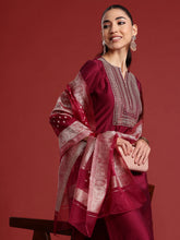 Indo Era - Burgundy Embroidered Straight Kurta Trousers With Dupatta Set