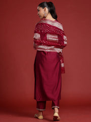 Indo Era - Burgundy Embroidered Straight Kurta Trousers With Dupatta Set