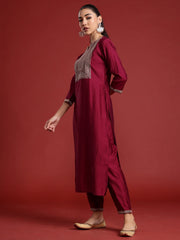 Indo Era - Burgundy Embroidered Straight Kurta Trousers With Dupatta Set