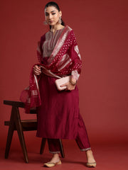 Indo Era - Burgundy Embroidered Straight Kurta Trousers With Dupatta Set