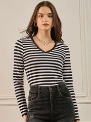 Black & White Striped Lace Insert Detail Top