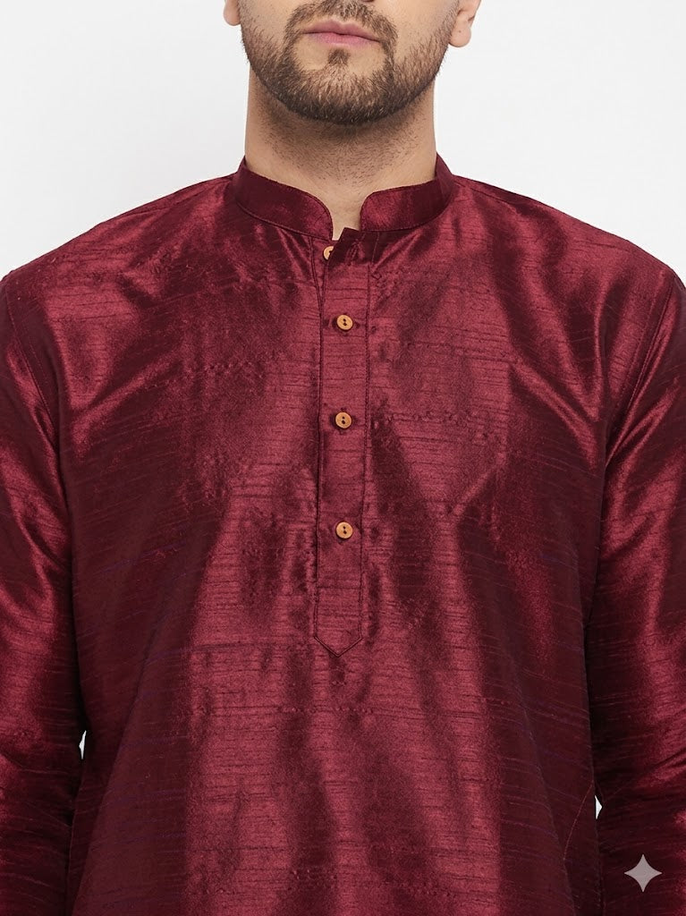 Vastramay-Men's Wine Color Cotton Silk Blend Kurta Only