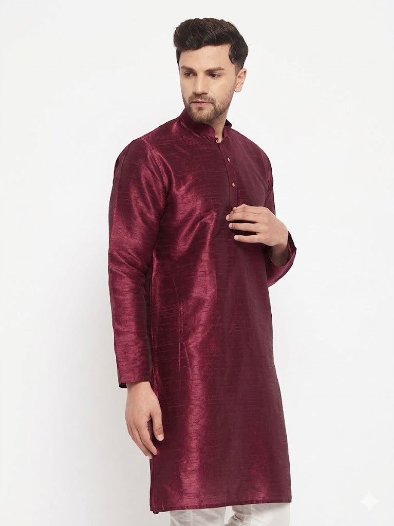 Vastramay-Men's Wine Color Cotton Silk Blend Kurta Only