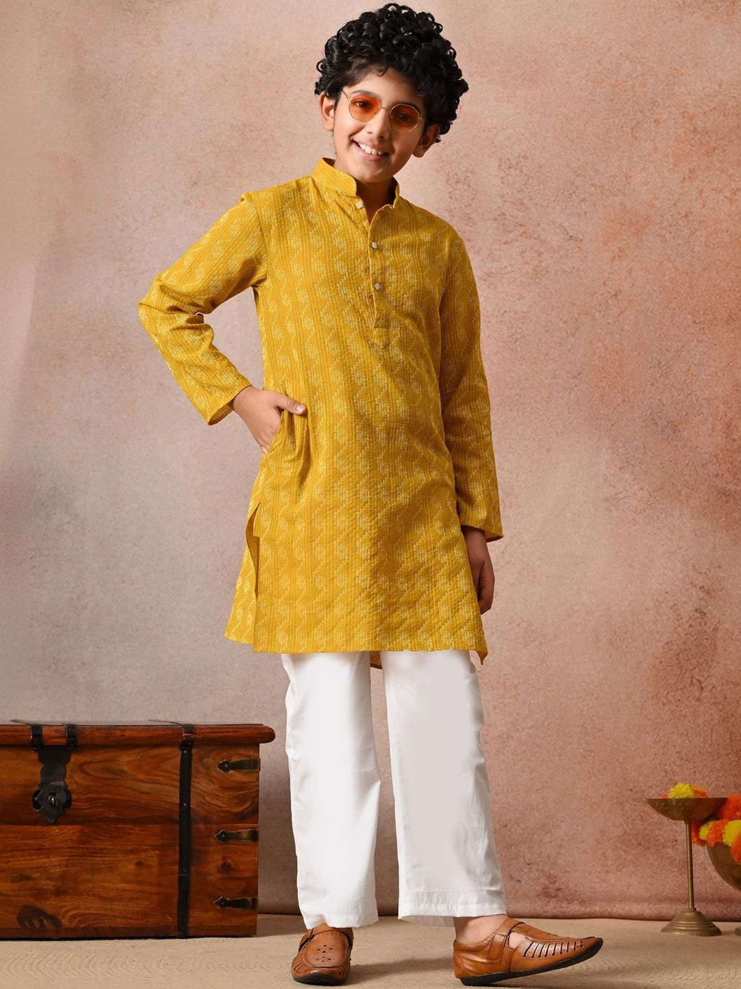 Indi Loom Couture Boys Mustard Yellow Self Design Ethnic Kurta with White Pajama Set ILBKS32