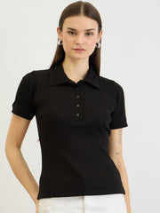 Black Rib Polo Neck Tshirt