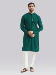 VASTRAMAY - Men's Green And White Rayon Cotton Kurta Pyjama Set