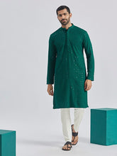 VASTRAMAY - Men's Green And White Rayon Cotton Kurta Pyjama Set