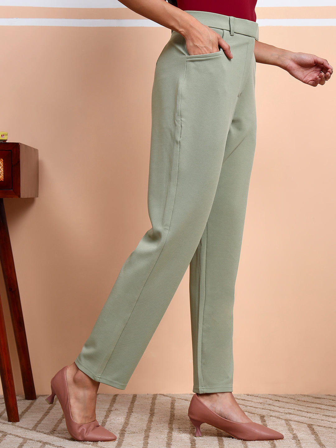 womens work straight high rise wrinkle free formal beige trousers