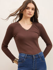 Brown Rib Lace Insert Detail Top