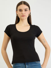 Black Short Sleeves Rib Top