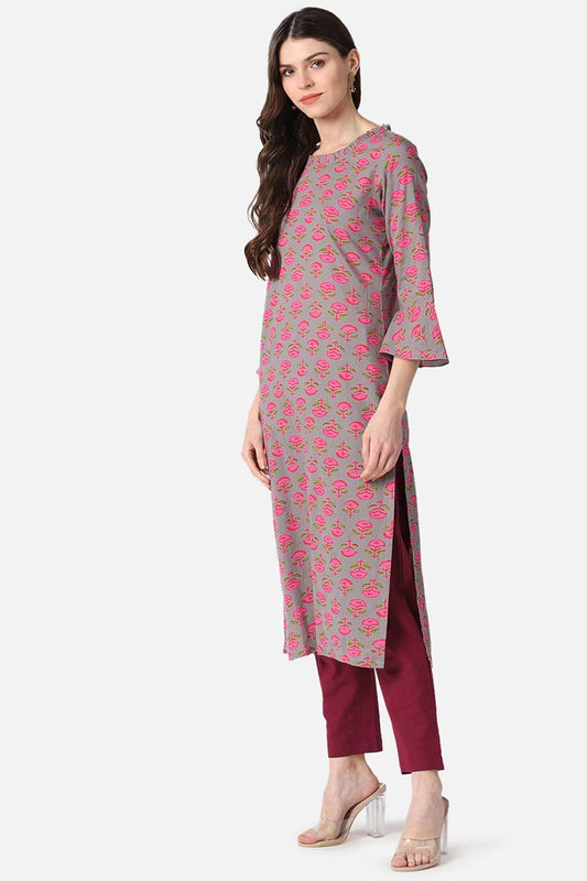 Dark Beige Cotton Fabric Printed Fancy Daily Wear Kurti