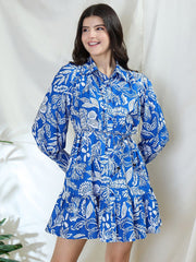 Zummer Blue Floral Frill Hem Shirt Dress