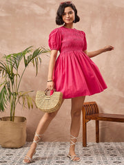 Zummer Magenta Poplin Smocked Mini Dress