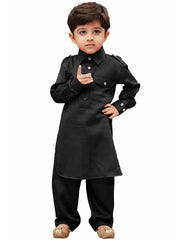 Vastramay - Boys' Black Cotton Pathani Kurta Set