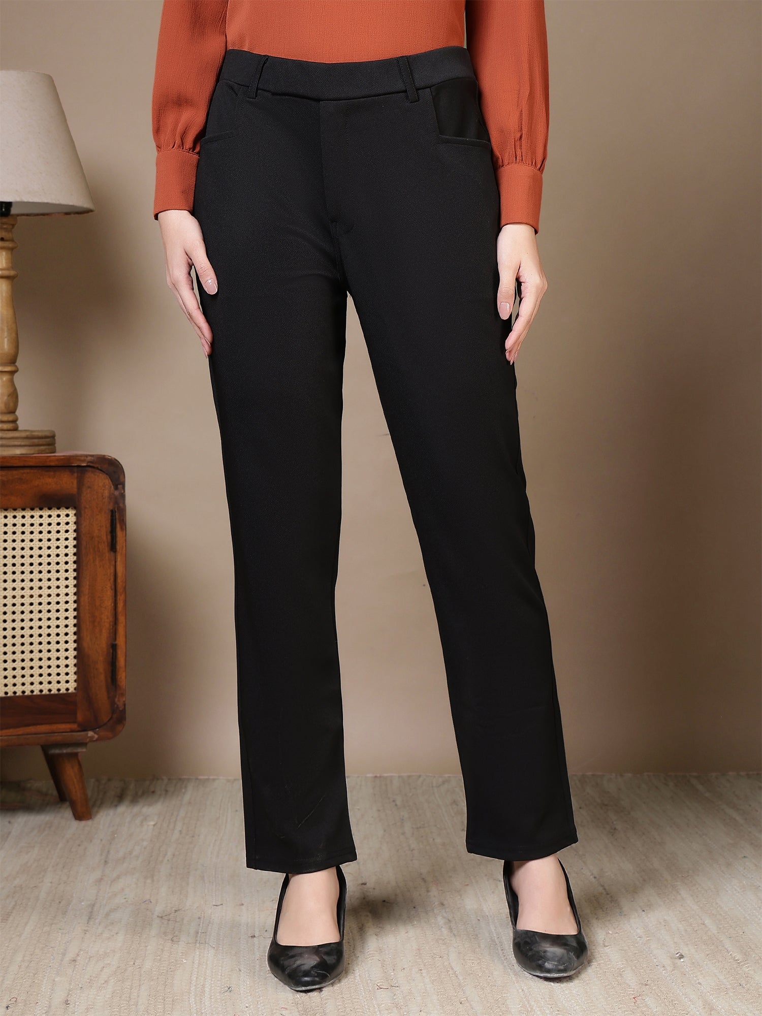 women high rise slim fit formal office wear trousers 1