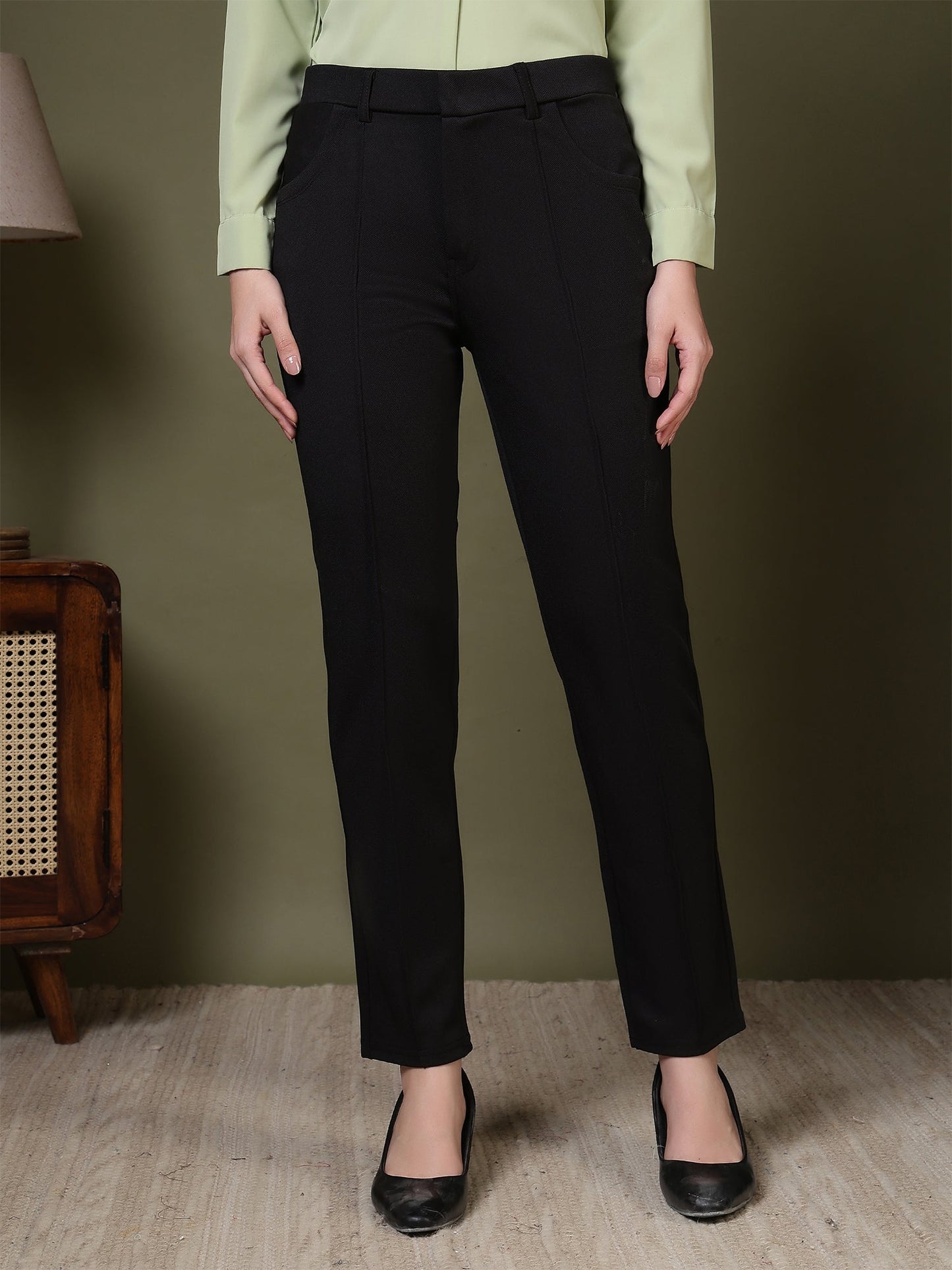women straight fit formal trousers with front seam detailing