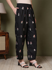 women embroidered relaxed fit elasticated waist casual trouser