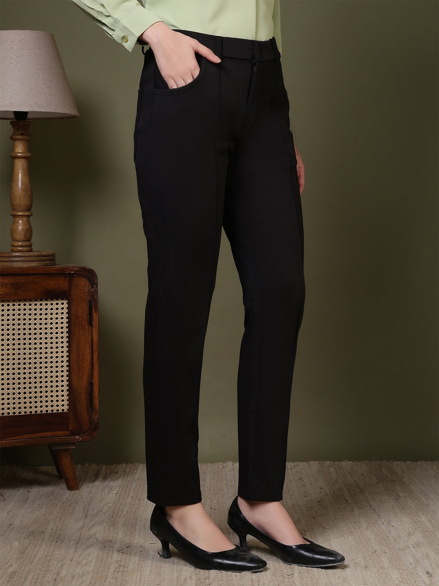 women straight fit formal trousers with front seam detailing