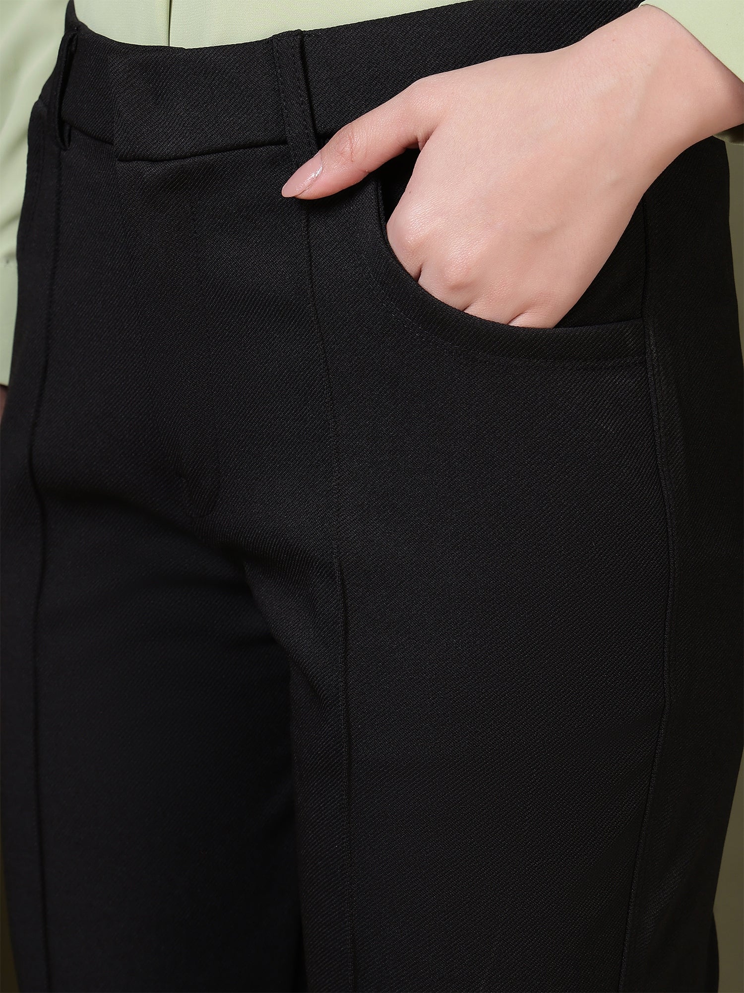 women straight fit formal trousers with front seam detailing