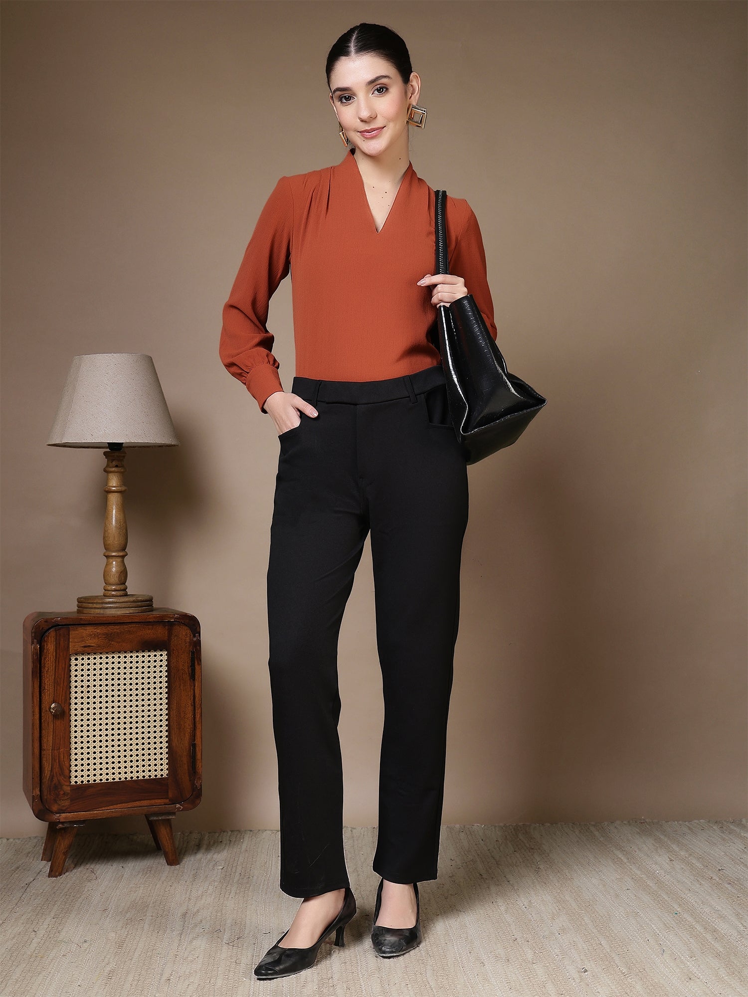 women high rise slim fit formal office wear trousers 1