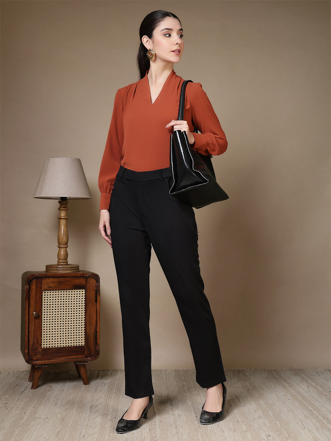 women high rise slim fit formal office wear trousers 1