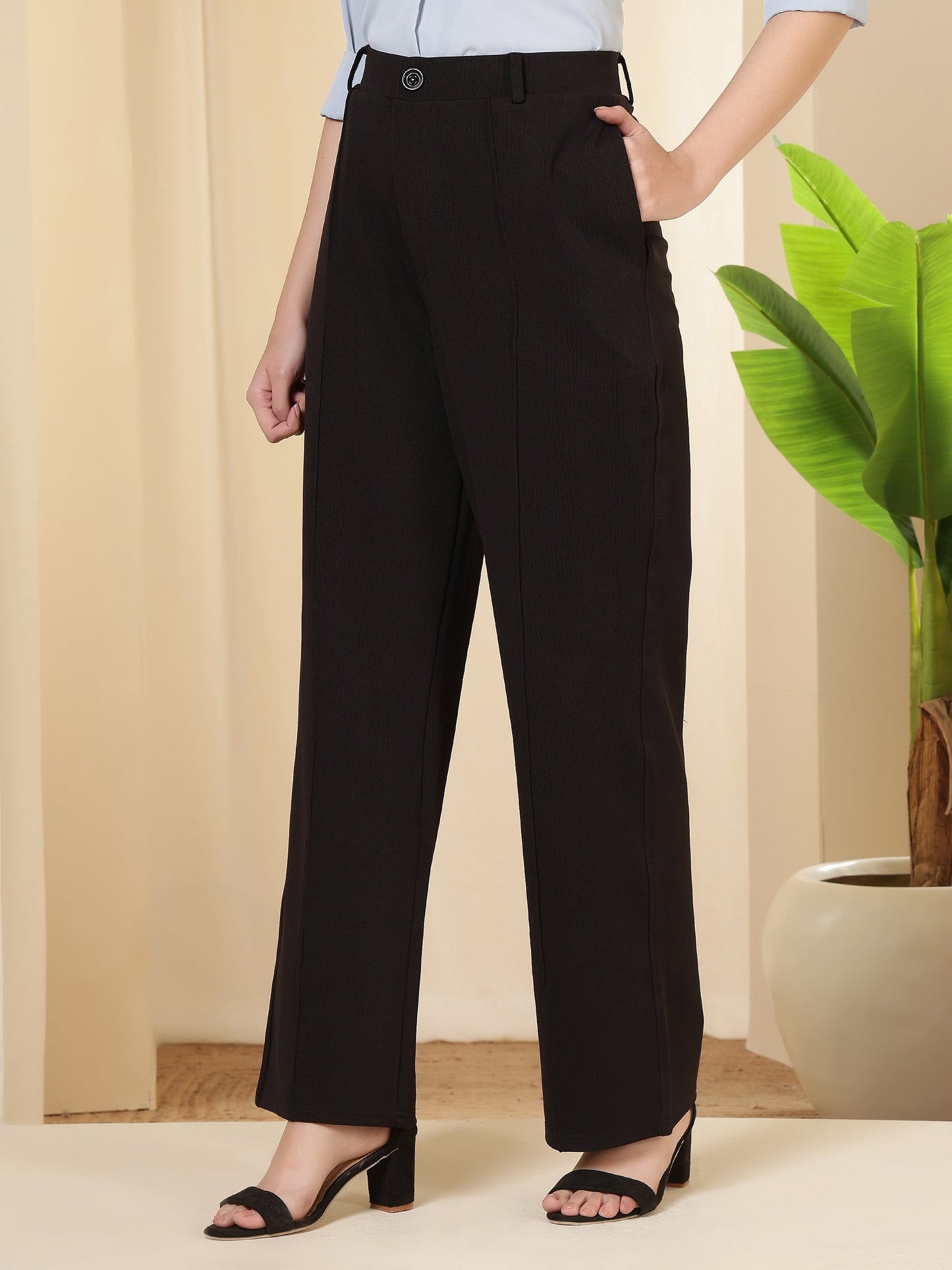 women high waist wide leg solid polycotton trousers