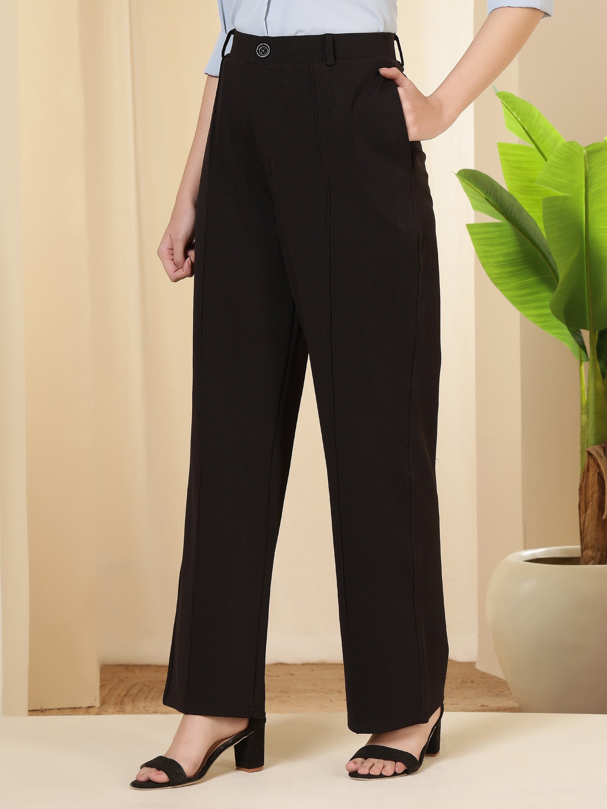 women high waist wide leg solid polycotton trousers