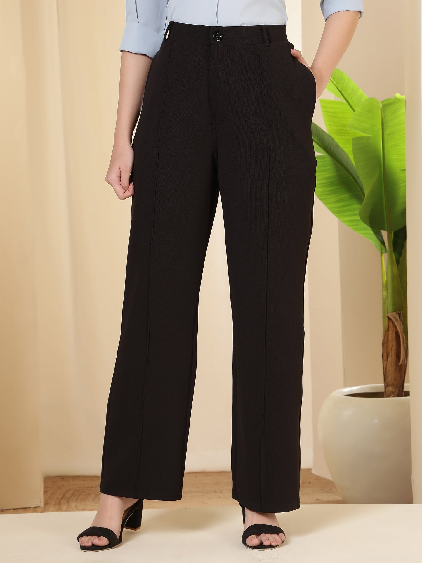 women high waist wide leg solid polycotton trousers
