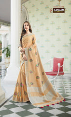 Summer Special Peach Color Linen Cotton Festive Wear Saree With Embroidery