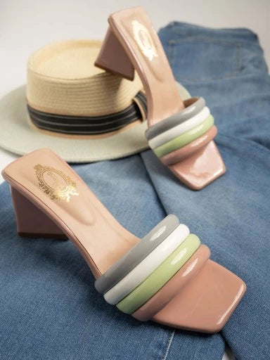 Shoetopia - Trendy Casual Party Wear Stylish Upper Striped Peach Block Heels For Women & Girls