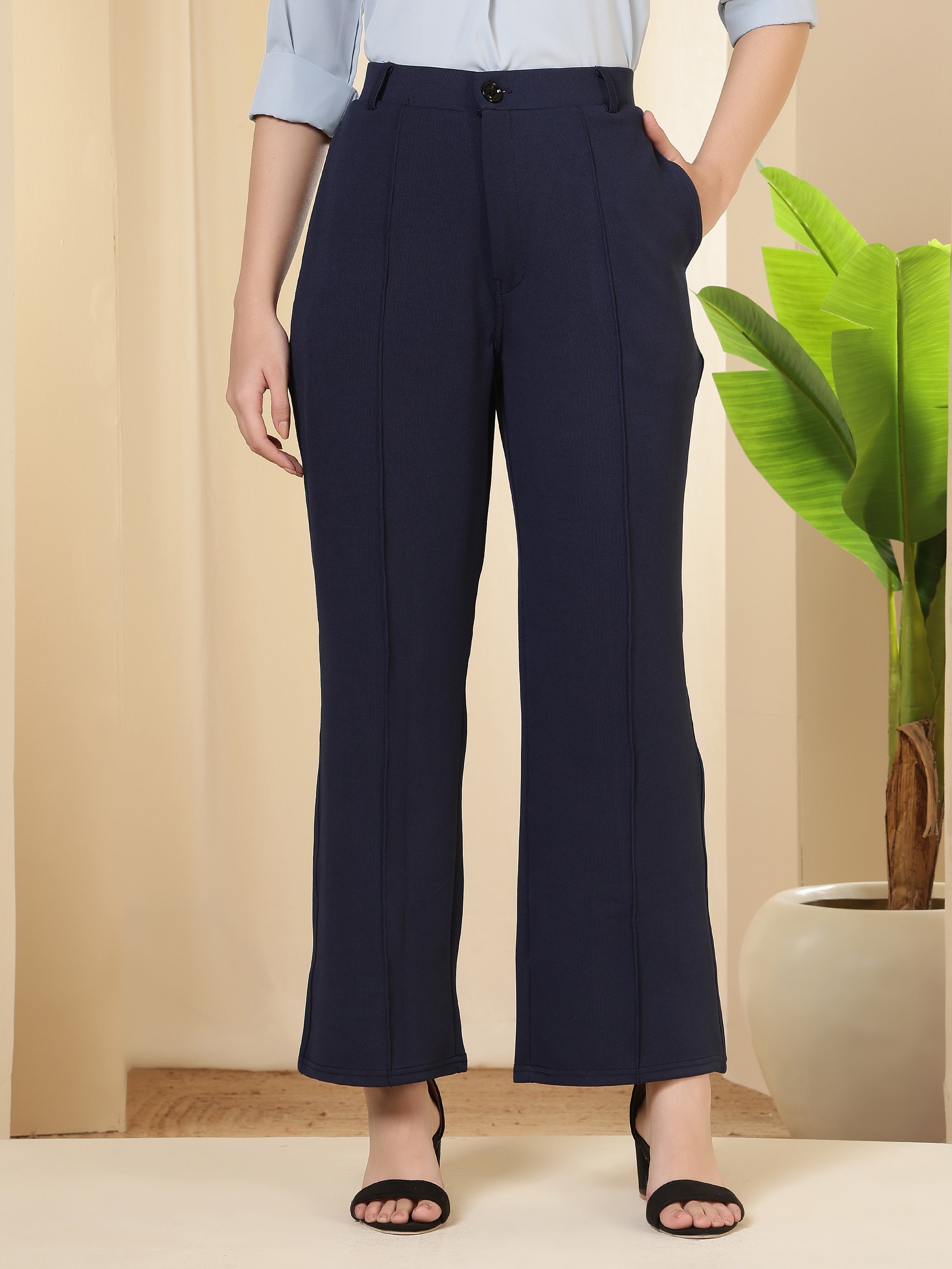 women high waist wide leg solid polycotton trousers