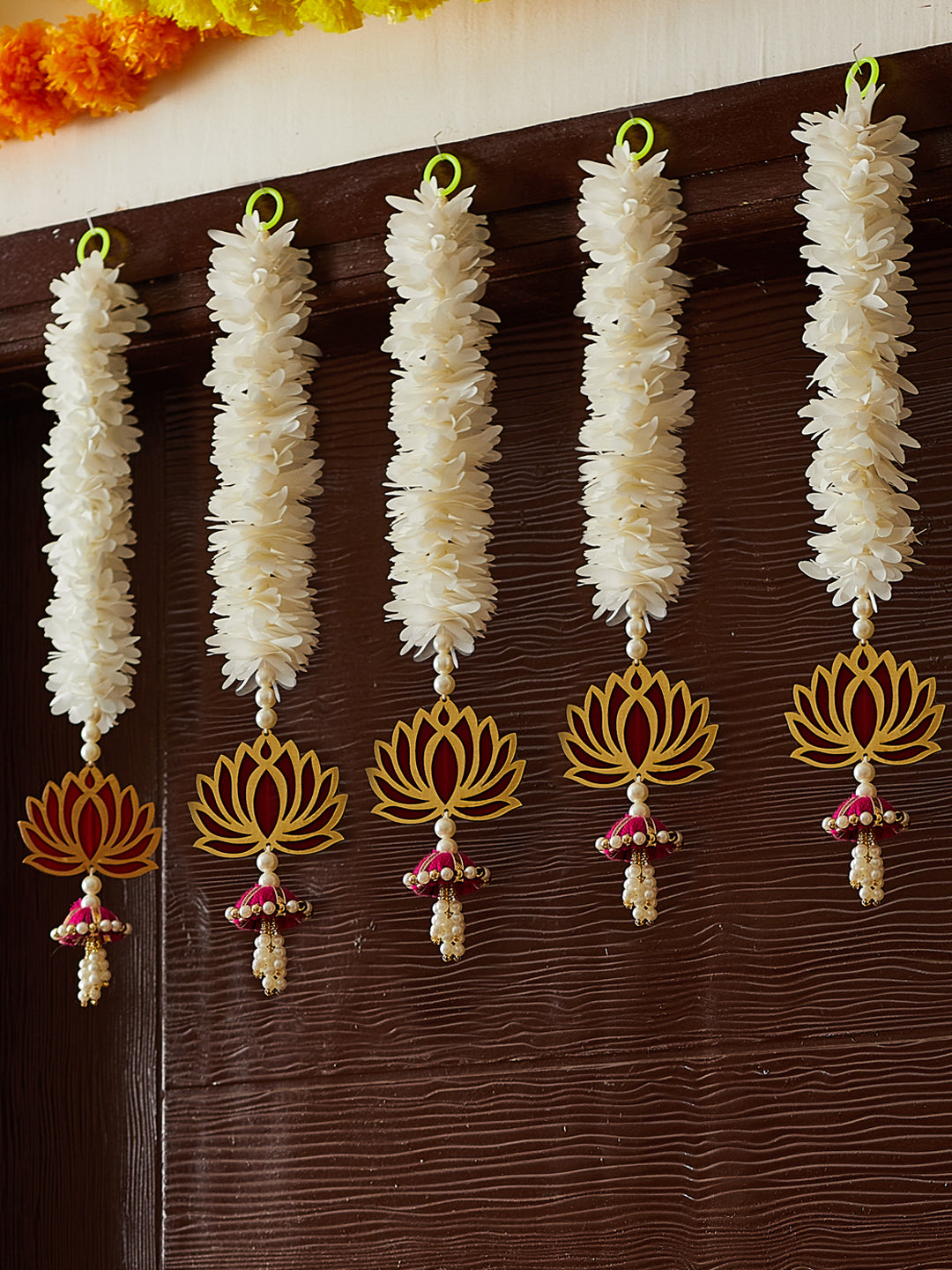 Pack of 5 Artificial Mogra Flowers Garlands with Lotus Buds