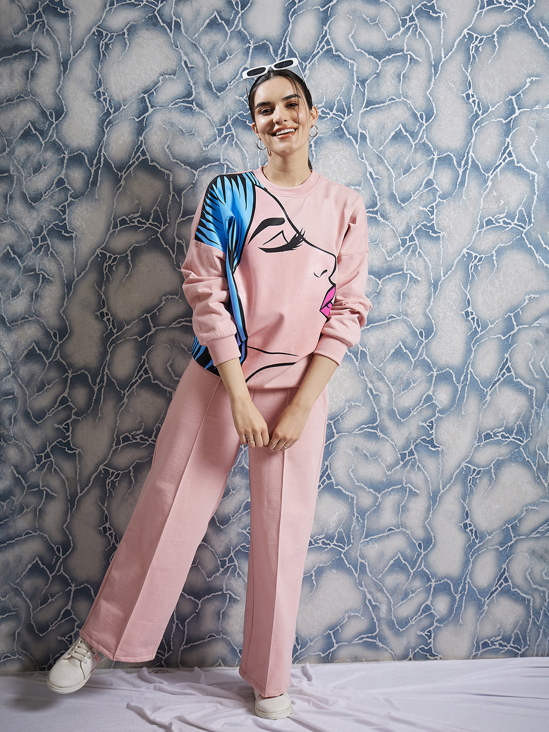 athena peach graphic printed drop shoulder sleeves fleece pullover