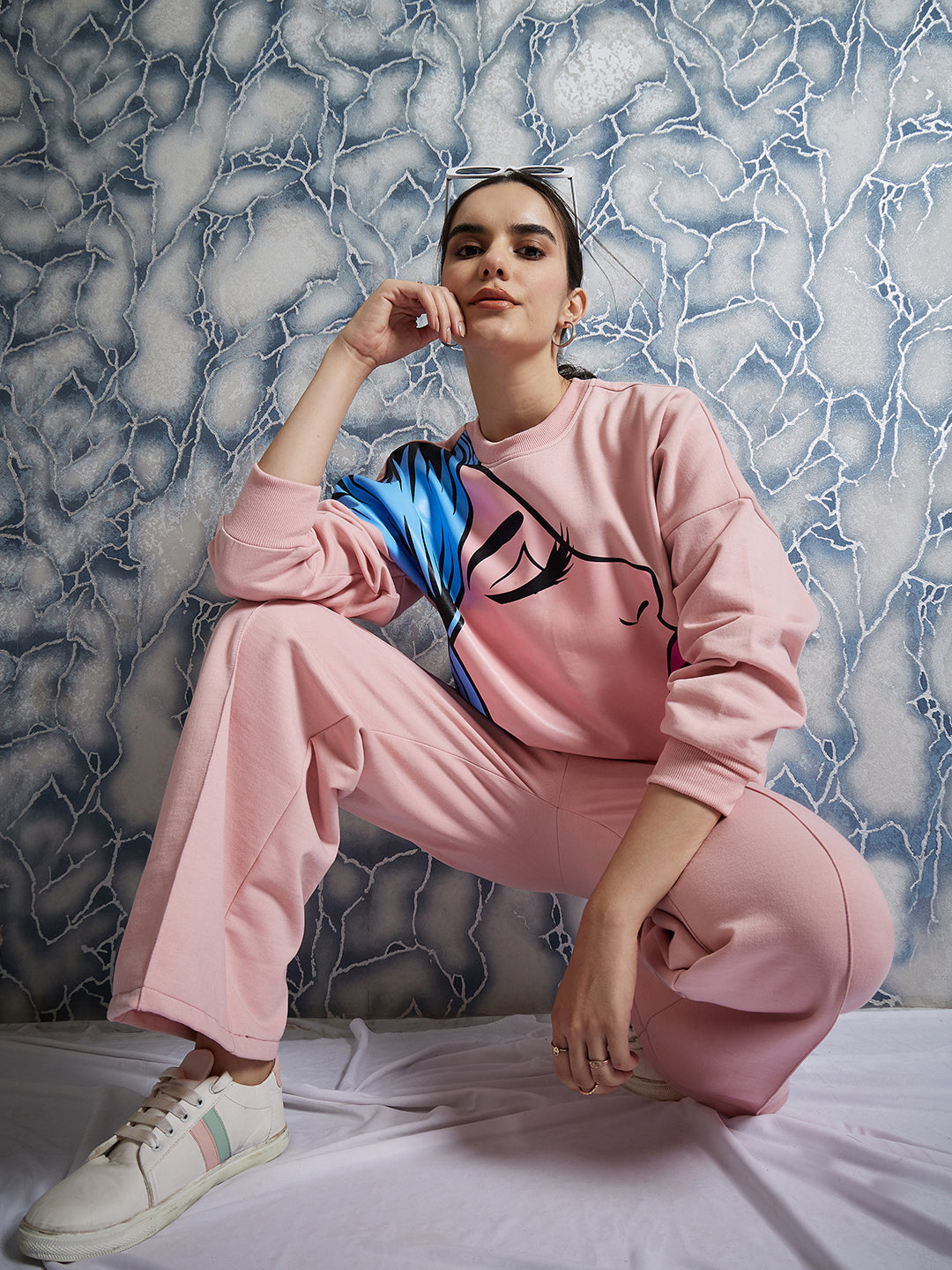 athena peach graphic printed drop shoulder sleeves fleece pullover