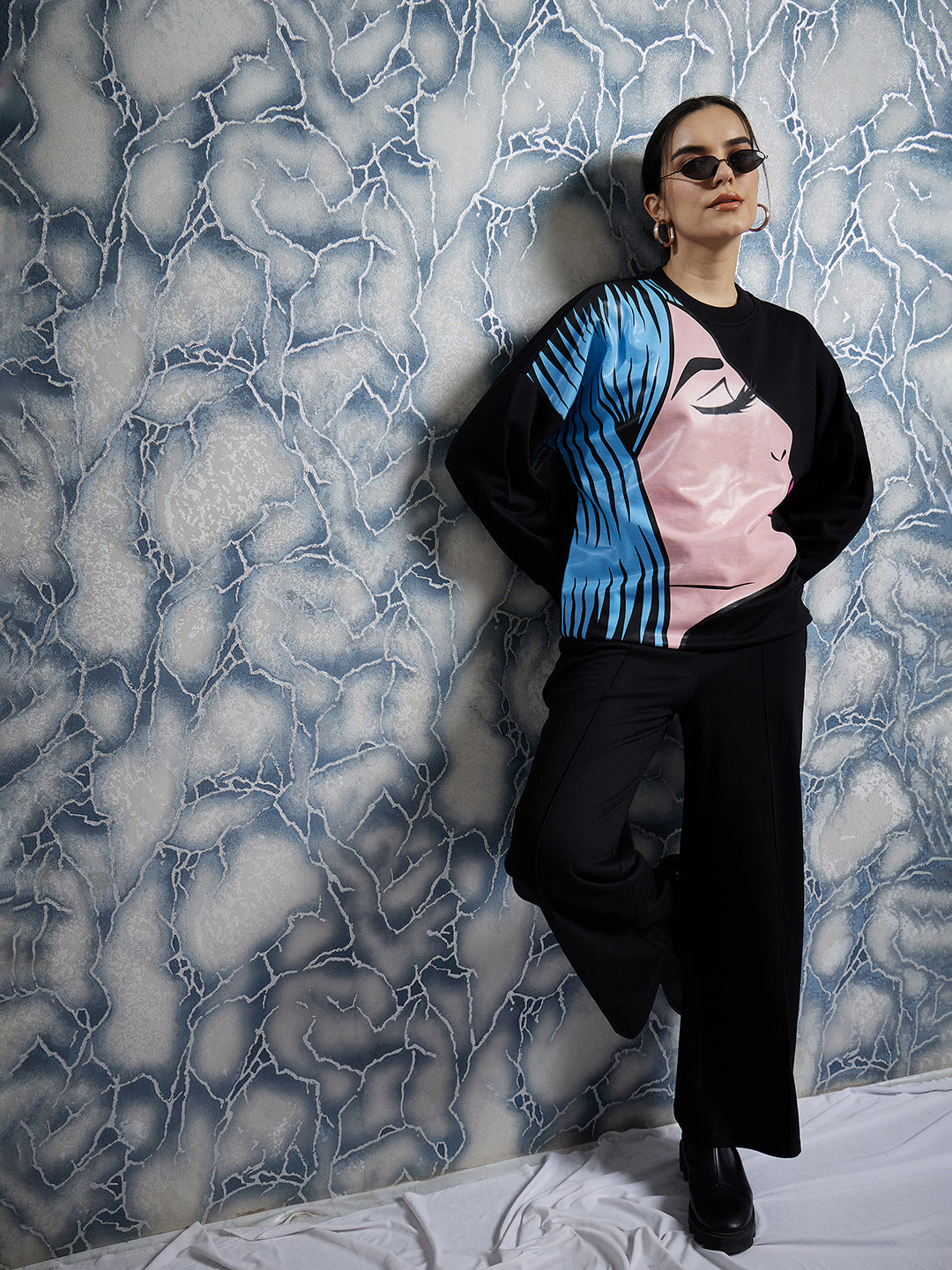 athena black graphic printed drop shoulder sleeves fleece pullover