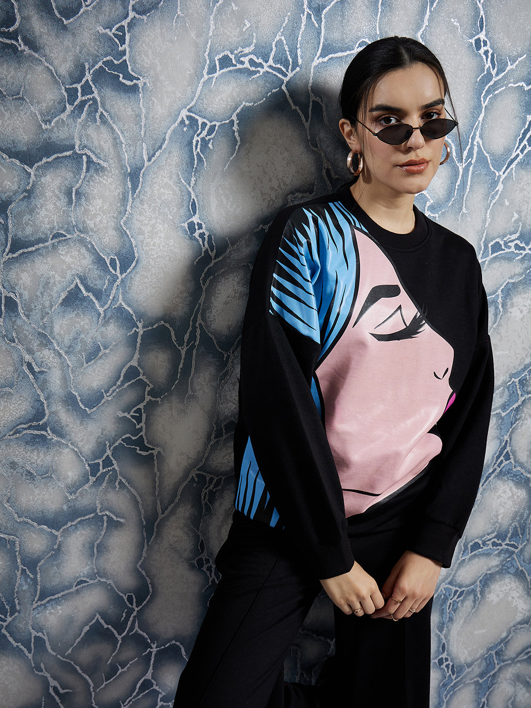 athena black graphic printed drop shoulder sleeves fleece pullover