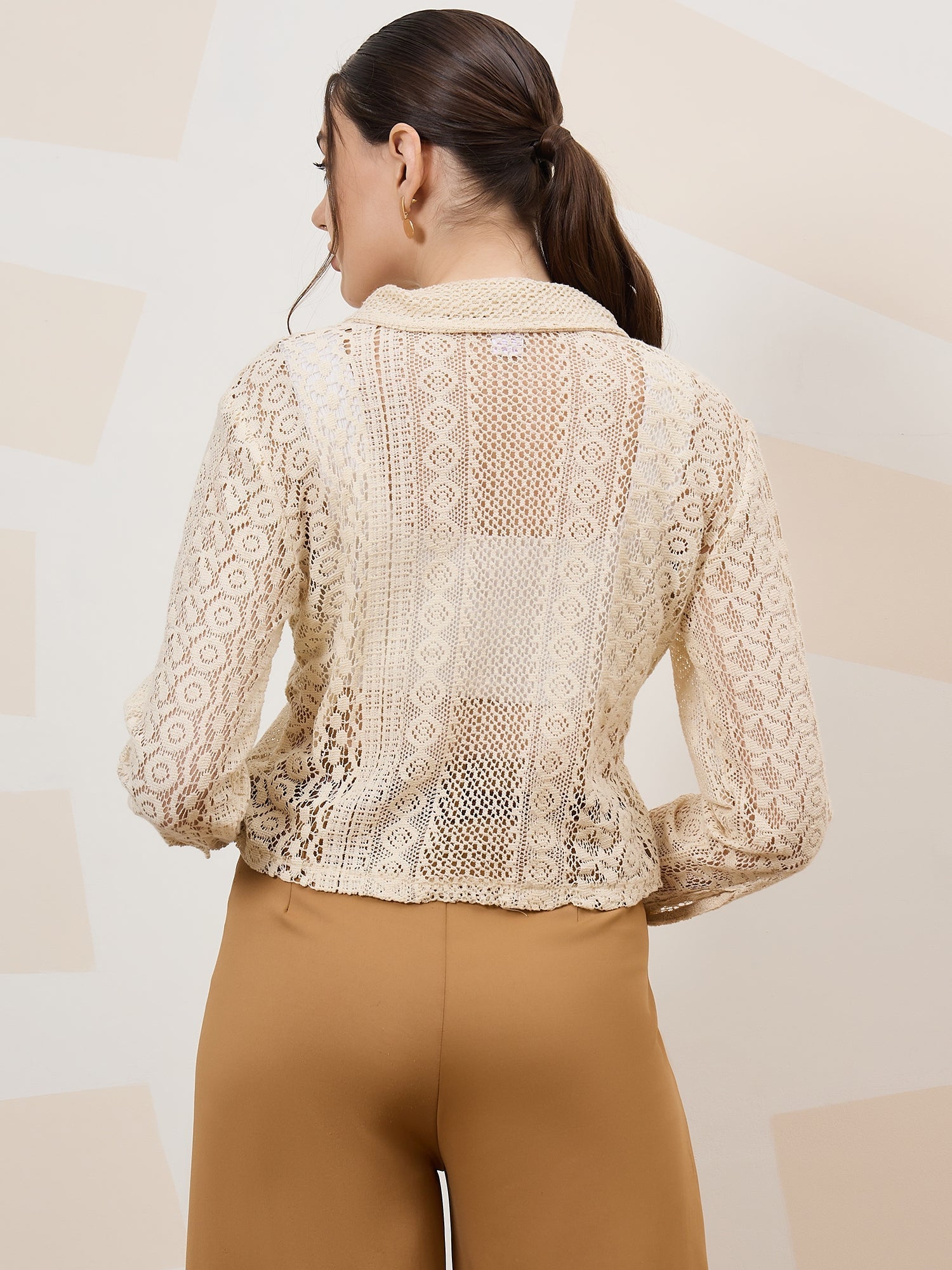 shally bhasin by athena self design cuffed sleeves lace inserts semi sheer shirt style top