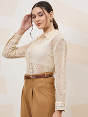 shally bhasin by athena self design cuffed sleeves lace inserts semi sheer shirt style top