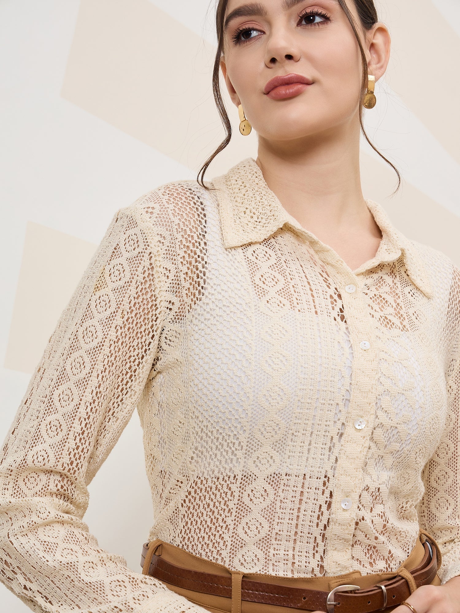 shally bhasin by athena self design cuffed sleeves lace inserts semi sheer shirt style top