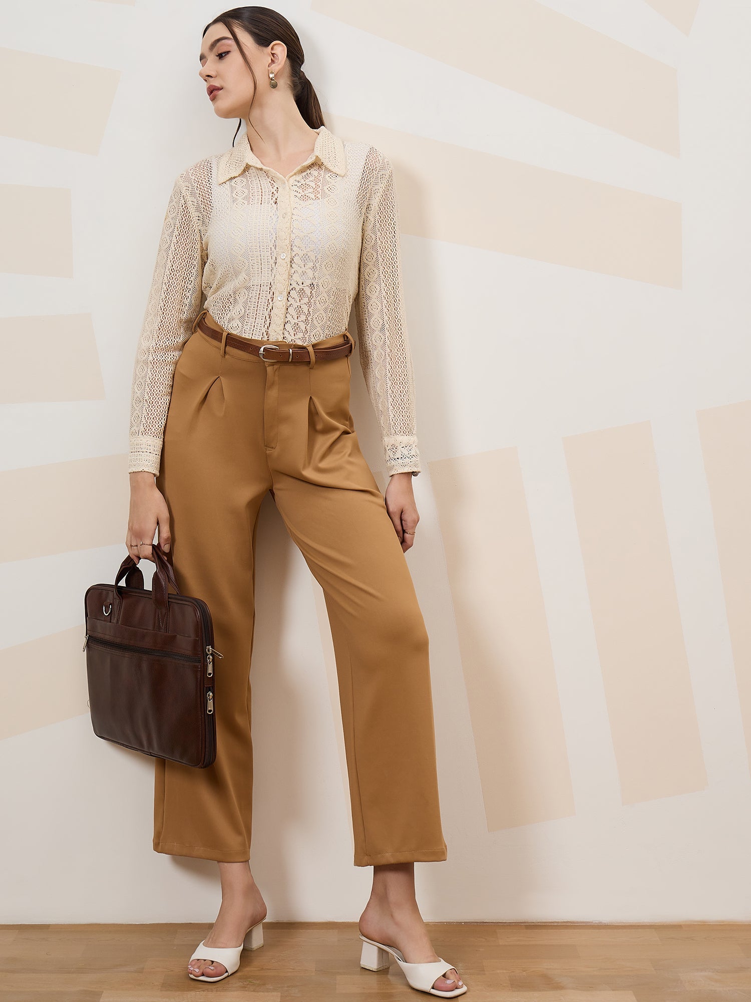 shally bhasin by athena self design cuffed sleeves lace inserts semi sheer shirt style top