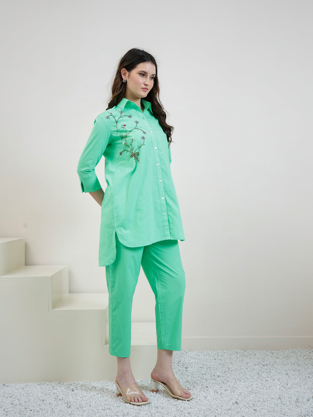 pure cotton embroidered shirt with trouser co ords