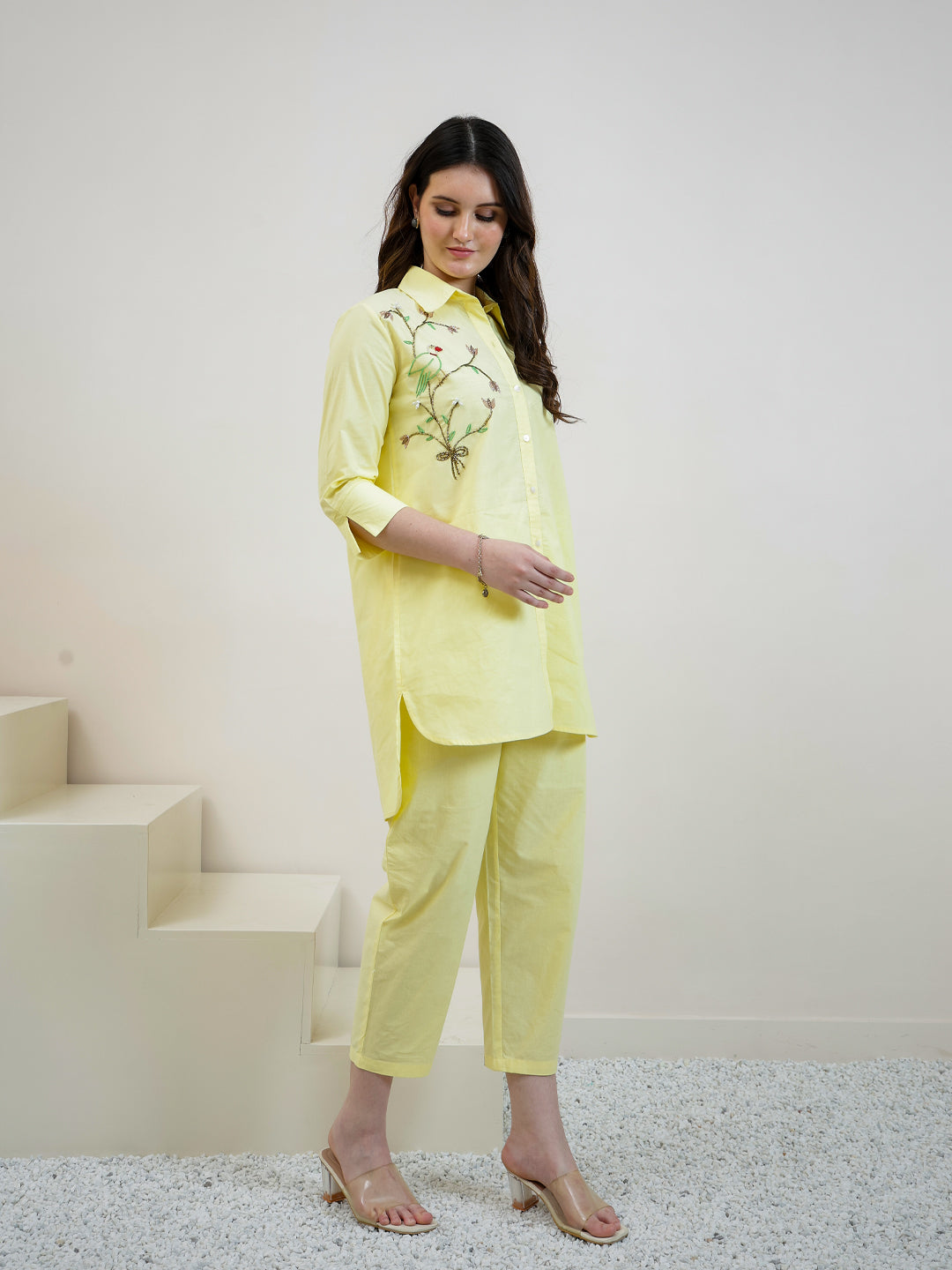 embroidered pure cotton shirt collar shirt with trousers co ords 2